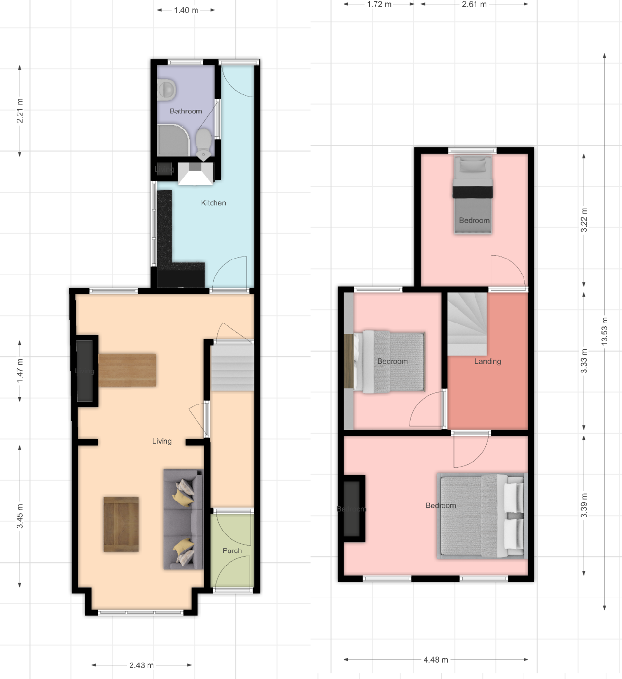 Floor plan of 4 Gaen Street showing living room, dining room, kitchen and bathroom on the ground floor and three bedrooms on the first floor